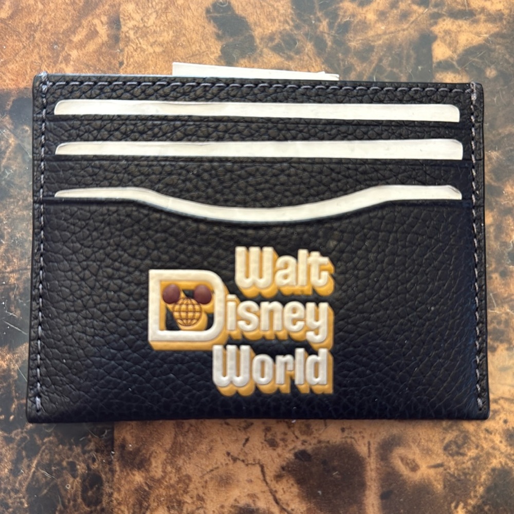 NWT Disney x Coach Flat Card Case With Walt Disney World Motif Pebble Leather